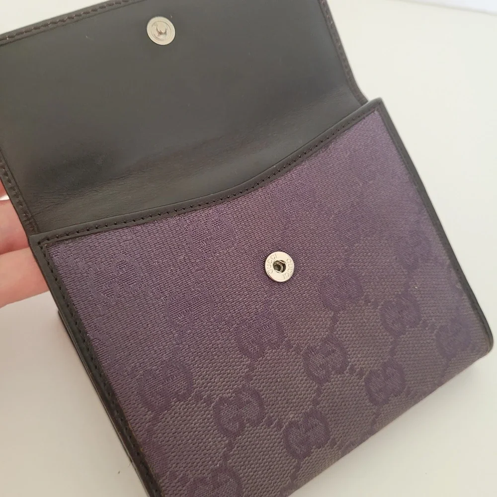 Gucci GG Monogram Canvas Leather Bifold Wallet Purple‎ Brown 143387-2091 Italian